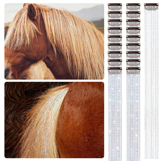 Juexica 18 Pcs Horse Accessory Clip in Hair Extensions for Mane and Tail Tack Horse Stuff Pony Hair Tinsel for Real Horses Western Bride Horse Lover and Girls Birthday (Silver)